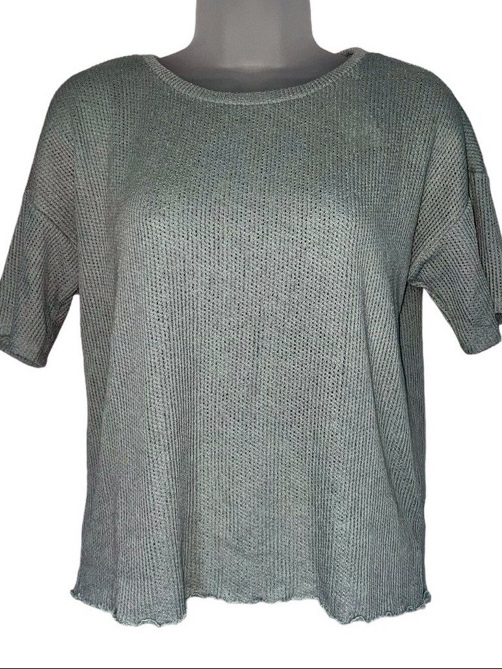 Sage Green Waffle Knit Short Sleeve Round Neck Relaxed Top